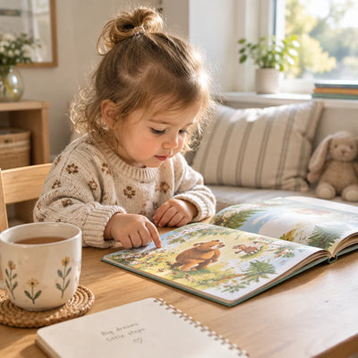Toddler at breakfast nook with the book