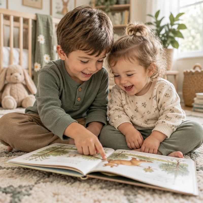 Two siblings sharing the book