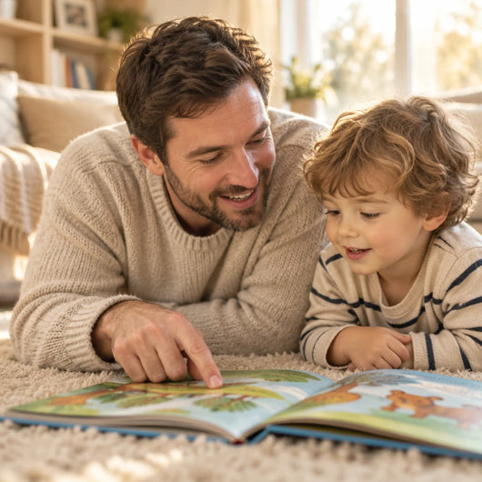 Dad and kid reading on the rug