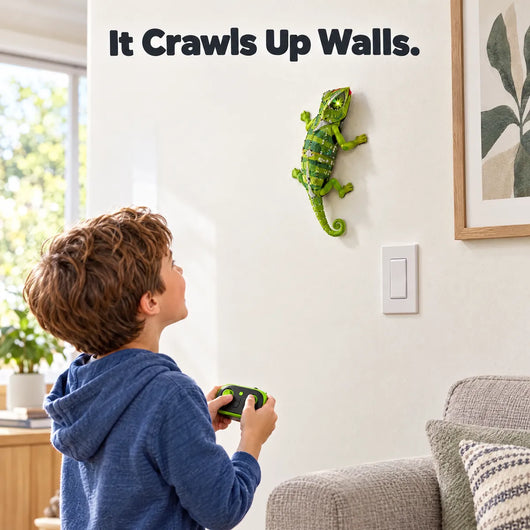 Wall crawling lizard climbing a living room wall