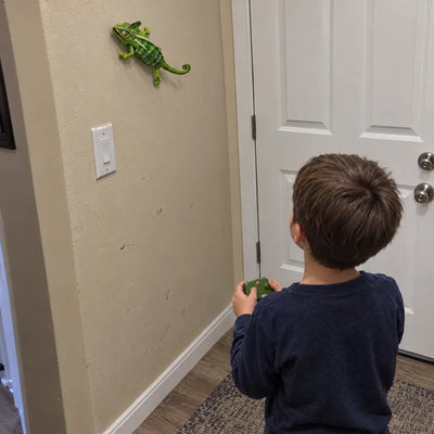 Kid driving the lizard up a hallway wall