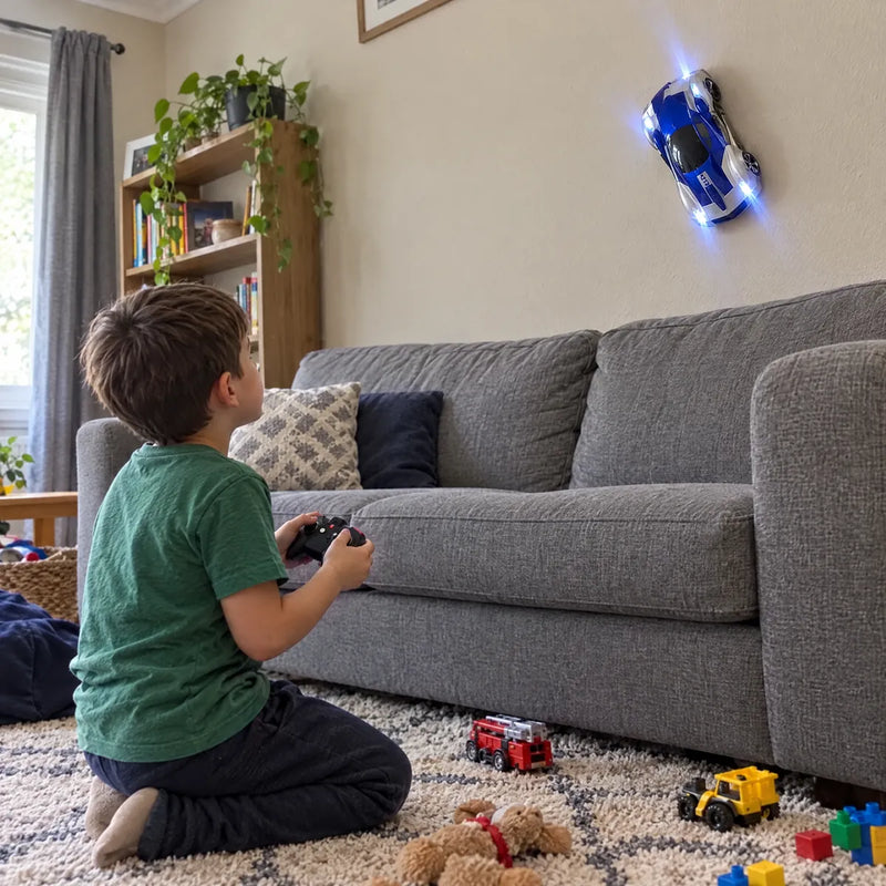 Kid playing with the wall climbing car